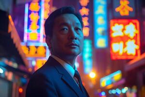 A man with East Asian descent in a suit gazes into the distance amidst vibrant neon lights, capturing a dynamic urban vibe. photo
