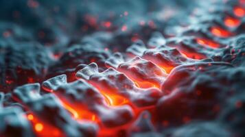 Close-up of a glowing, textured surface resembling molten lava with intense red and orange hues. photo