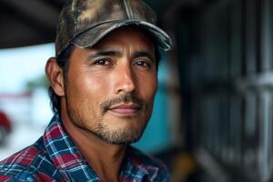 Close-up portrait of a Hispanic man in his 30s wearing a cap and plaid shirt, exuding a calm and thoughtful demeanor. photo