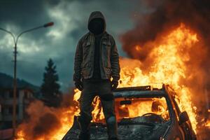 A mysterious figure in a dark hood stands atop a burning car, surrounded by flames and smoke, creating an intense and dramatic scene. photo