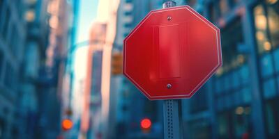 A blank stop sign stands out against an urban backdrop, capturing attention in the bustling city. photo