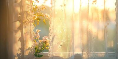 Delicate lace curtains softly illuminate a cozy room, showcasing blooming flowers and warm sunlight filtering through. photo
