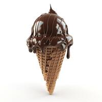 Delicious chocolate-covered ice cream cone with dripping chocolate sauce. photo