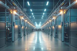 A spacious, illuminated industrial facility with multiple workstations and smooth flooring, creating a futuristic ambiance. photo