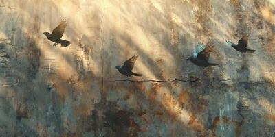 A serene moment capturing birds in flight against a textured wall, highlighting nature's grace and beauty. photo