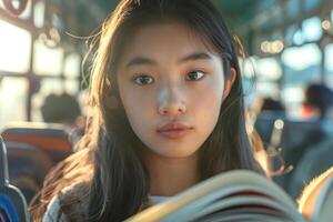A serene Asian girl in her teens, focused on reading a book while riding a bus in warm sunlight. photo