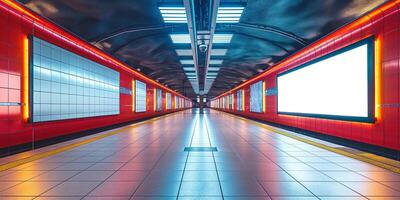 A vibrant empty subway corridor featuring bright red walls and illuminated signage, creating a modern urban atmosphere. photo