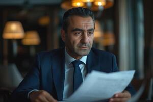 Serious Middle-Eastern man in a suit reviewing documents with a focused expression in an elegant interior setting. photo