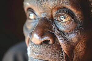 Close-up portrait of an elderly African man, showcasing his wise and expressive eyes. photo