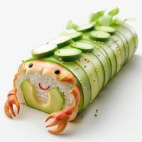 A whimsical sushi roll resembling a friendly crab, crafted from fresh vegetables and rice, showcasing vibrant colors and playful design. photo