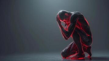 A male figure with neon red outlines showcasing a stylized representation of human anatomy in a contemplative pose. photo