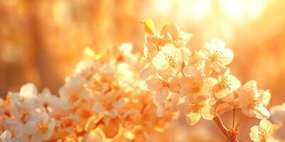 Delicate cherry blossoms bathed in warm golden sunlight, creating a serene spring ambiance. photo