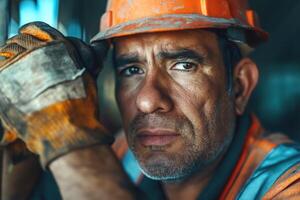 Close-up of a Hispanic male construction worker wearing an orange hard hat and gloves, displaying a serious expression. photo