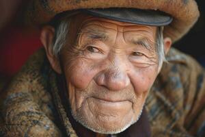 A warm portrait of an elderly Asian man with a gentle smile, wearing a textured brown hat and a patterned coat. photo