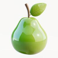 A shiny, glossy green pear with a single leaf on top, set against a plain white background. photo