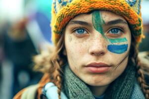 A young girl with striking blue eyes and face paint, showcasing determination and spirit at a vibrant rally. photo
