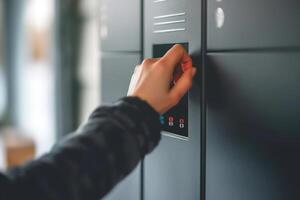 A close-up of a hand interacting with a modern black locker system, showcasing technology in storage solutions. photo