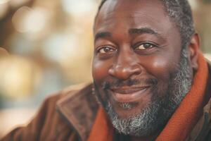 A joyful African American man in a brown jacket smiles warmly, radiating positivity and happiness in a softly blurred outdoor setting. photo