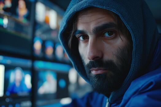 A focused Middle-Eastern man in a hoodie works intently on editing software, surrounded by multiple screens displaying various media. photo