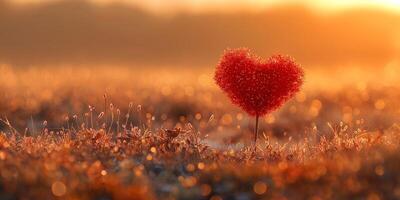 A vibrant red heart-shaped object stands out against a soft golden sunrise, symbolizing love and warmth in nature. photo
