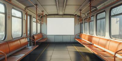 An empty subway train interior with warm orange benches, illuminated by soft natural light, creating a calm atmosphere. photo