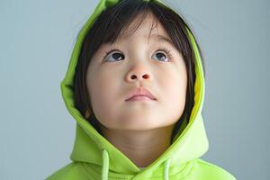 A young Asian girl in a bright green hoodie looks up thoughtfully, her big eyes reflecting curiosity and innocence. photo