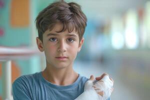 A young Caucasian boy with a bandaged hand gazes thoughtfully, showcasing a blend of vulnerability and resilience in a hospital setting. photo