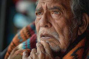 An elderly South Asian man lost in thought, wrapped in a colorful shawl, expressing deep emotions through his wise gaze. photo