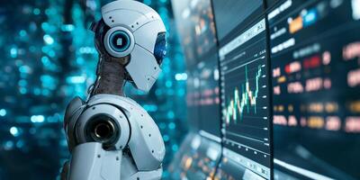 A futuristic humanoid robot analyzes digital data on screens, showcasing advanced technology and innovation. photo