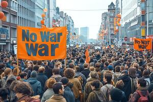 A diverse crowd of protesters, including young adults, gather in a city holding vibrant orange 'No War' banners, expressing their strong message. photo