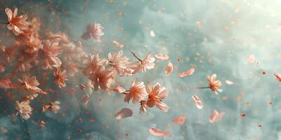 Delicate pink cherry blossoms swirl through a dreamy, misty background, creating an ethereal atmosphere. photo