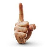 A close-up of a male hand with a single finger raised, symbolizing 'one' or signaling for attention. photo