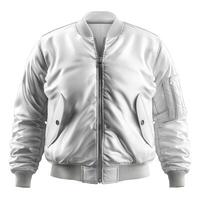 Stylish white bomber jacket featuring a zip closure and front pockets, perfect for a modern casual look. photo