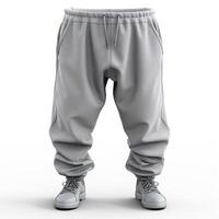 Light gray joggers paired with stylish sneakers, showcasing a relaxed and casual style. photo