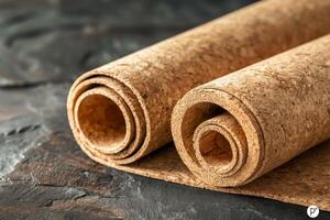 Two rolled cork sheets displayed on a textured stone surface, showcasing natural brown tones and earthy textures. photo
