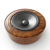 Elegant wooden speaker with a sleek black speaker cone, showcasing a blend of modern technology and classic design. photo