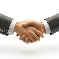 Two diverse hands in business suits engaged in a handshake, symbolizing cooperation and agreement. photo