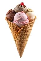 A delicious ice cream cone featuring four scoops in various flavors, topped with a cherry. photo