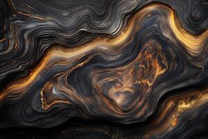 Abstract image showcasing fluid black and gold patterns with a wavy texture, evoking a sense of depth and elegance. photo