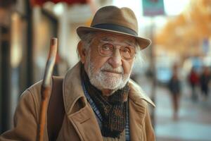 An elderly man with a beard and glasses, wearing a hat and scarf, strolls through the city with a cane, exuding wisdom and charm. photo