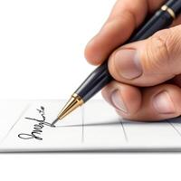 A close-up of a hand signing a document with a silver-tipped pen, showcasing the act of formal agreement. photo