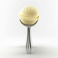 Deliciously creamy vanilla ice cream scooped into a shiny silver ice cream scoop, set against a clean white background. photo