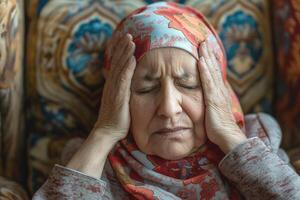 An elderly Middle Eastern woman with a headscarf holds her head in distress, reflecting a moment of emotional burden. photo