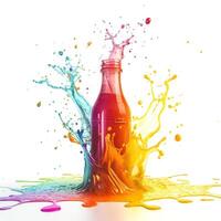 Vibrant splash of colors surrounds a glass bottle filled with a refreshing beverage, creating an artistic and lively scene. photo