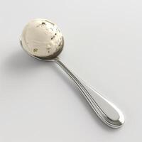 A close-up of a silver ice cream scoop holding a creamy vanilla scoop on a minimalistic white background. photo