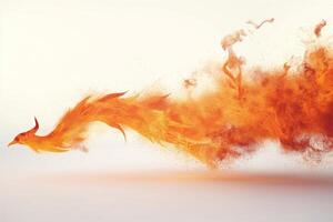 A majestic phoenix rises in fiery splendor, blending vibrant orange tones with dynamic, swirling smoke effects. photo