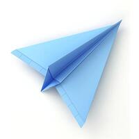 A sleek blue paper airplane rests against a clean white background, symbolizing creativity and imagination. photo