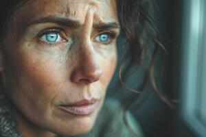 A close-up of a distressed Caucasian woman with striking blue eyes, reflecting deep emotion with a single tear rolling down her cheek. photo