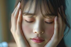 A serene young Asian woman with closed eyes, gently framing her face with her hands, exuding tranquility and contemplation. photo