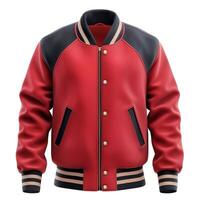 Stylish red and black varsity jacket with striped cuffs, perfect for a casual yet trendy look. photo